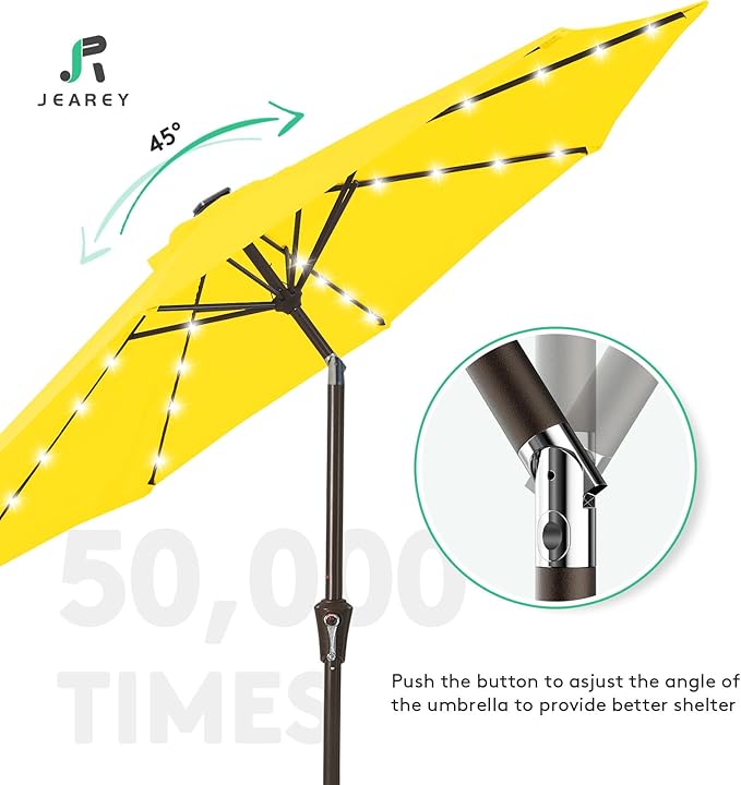 JEAREY 9FT Outdoor Patio Umbrella with Solar Lights, LED Lighted Pool Umbrella with Tilt and Crank, Outdoor Table Umbrellas for Deck, Yard & Market (Lemon)