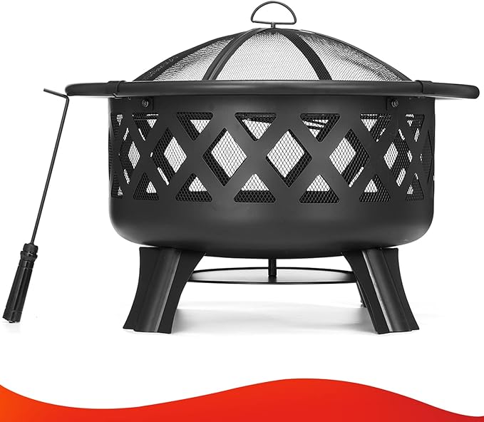 SINGLYFIRE 30 Inch Fire Pits for Outside with Grill Outdoor Wood Burning Firepit Large Steel Firepit Bowl for Patio Backyard Picnic Garden with Swivel BBQ Grill, Ash Plate,Spark Screen, Poker