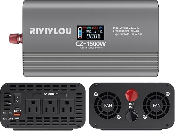 1500W Pure Sine Wave Inverter (3000W Peak), 12V/24V Auto-Detect, 50Hz/60Hz Switchable, LCD Display, Type-C Fast Charging, Silent Design, Overload & Overheat Protection for RV, Home (1500W)