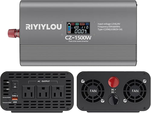 1500W Pure Sine Wave Inverter (3000W Peak), 12V/24V Auto-Detect, 50Hz/60Hz Switchable, LCD Display, Type-C Fast Charging, Silent Design, Overload & Overheat Protection for RV, Home (1500W)