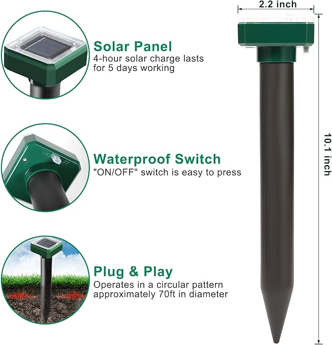 Mole Repellent Solar Powered, 6 Pack Solar Mole Repellent Ultrasonic for Vole, Snakes, Gopher, Waterproof Sonic Vole Deterrent Spikes,Snake Gopher for Garden and Yard