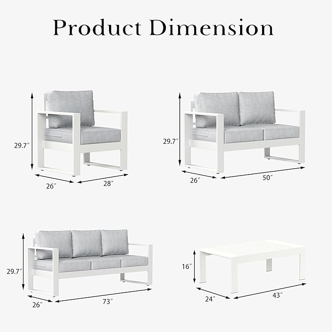 LayinSun 5 Pieces Aluminum Outdoor Patio Furniture Set, Metal Modern Conversation Sofa Set with Coffee Table and Washable Thick Cushions for Porch, Backyard, Deck