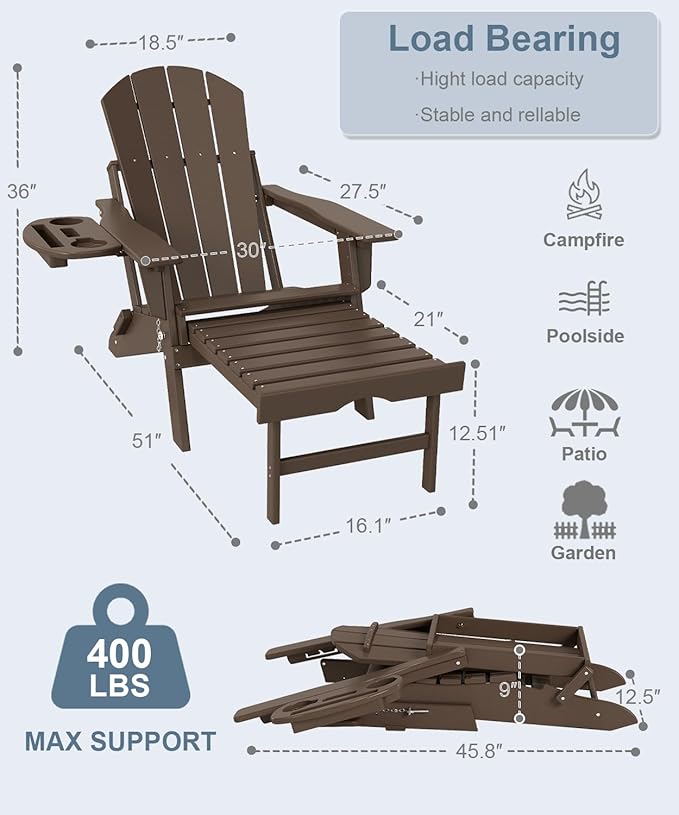 Adjustable Adirondack Chair with Retractable Ottoman Set of 2, HDPE Folding Adirondack Chair with Cup Holder, All Weather Fire Pit Chair for Outdoor,Coffee