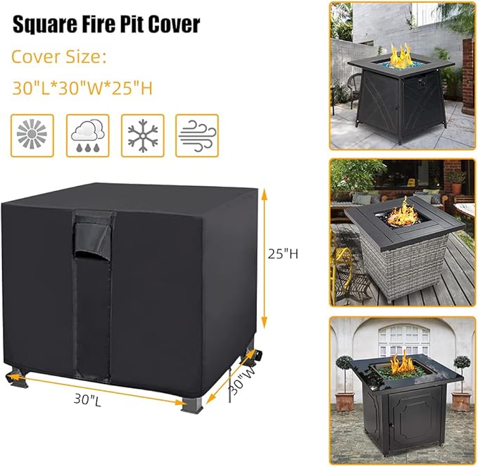 YUZ Fire Pit Table Cover Square 30 x 30 x 25 inch, Waterproof Fire Table Cover Square Anti-UV Heavy Duty Patio Gas Firepit Furniture Table Covers with Air Vent and Handle Firepits 30x30