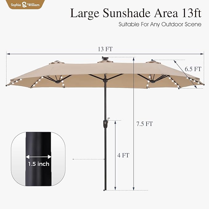 Sophia & William 13ft Outdoor Patio Umbrella with Solar Lights, Large Double-sided Umbrella with LED Lights, Perfect for Garden, Deck, Pool, Beige