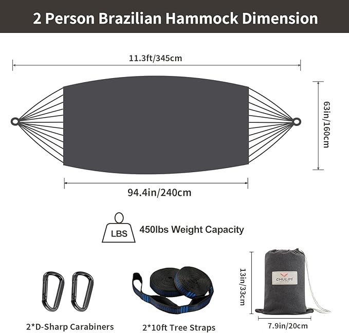 CHULIM Brazilian Double Hammock with Tree Straps,Extra Large 94x63IN,2 Persons Hammock for Backyard Patio Outdoor and Indoor,450lbs Weight Capacity,Soft Woven Cotton Fabric - Dark Grey
