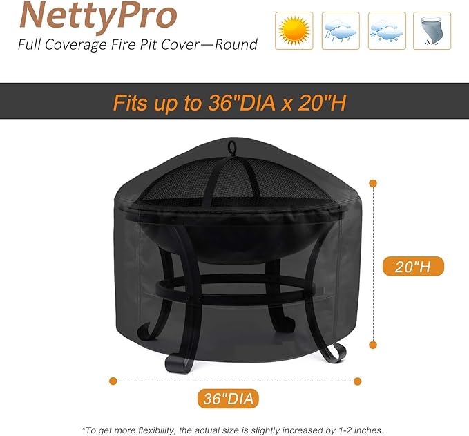 NettyPro Fire Pit Cover Round Waterproof Outdoor Firepit Cover for Gas Propane Fire Pit Table, 36 x 20 inch, Black
