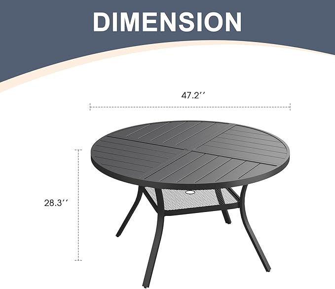 VICLLAX Round Patio Dining Table, 4-6 Person Metal Outdoor Dining Table with Umbrella Hole and Storage Shelf for Garden Lawn Deck, 47.2" Black