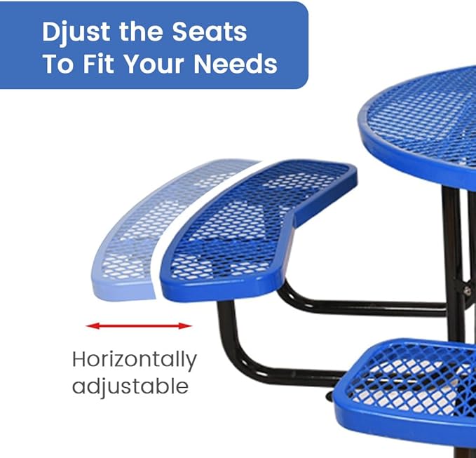 KUFUH 46" Round Metal Picnic Table for 4-8 Person, Durable Heavy Duty Commercial Picnic Table with Umbrella Hole for Outdoor Coffee Shop, School, Hospital, Easy to Install, Blue
