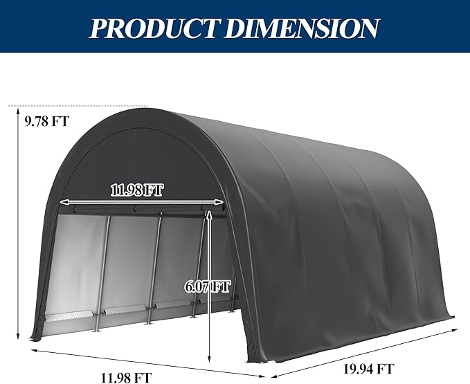 COVERONICS 12x20 FT Carpot, Round Portable Garage,Carport Canopy with Galvanized Steel Metal Frame & Vents, Round Style Outdoor Storage Shed for Car, Truck, Boat, Patio Furniture Anti-Snow Waterproof