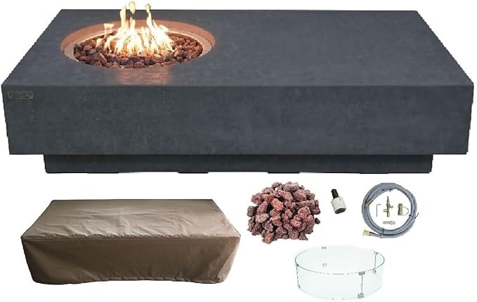 Elementi Metropolis Gas Fire Pit Cast Concrete Fire Table, Outdoor Fire Pit Electronic Ignition | Canvas Cover, Lava Rock Included | Free AMS Wind Guard | Dark Gray (Natural Gas)