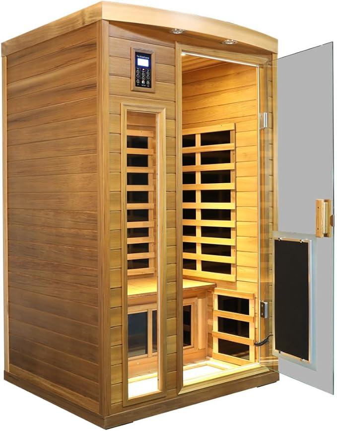 2 Person Low EMF Infrared Sauna for Home, Red Cedar Wood Far Infrared Saunas, 1750watt Indoor Personal Sauna Room with Door Heating Panels, Glass Door, Blue-tooth, Dual Control, Outdoor Lamps