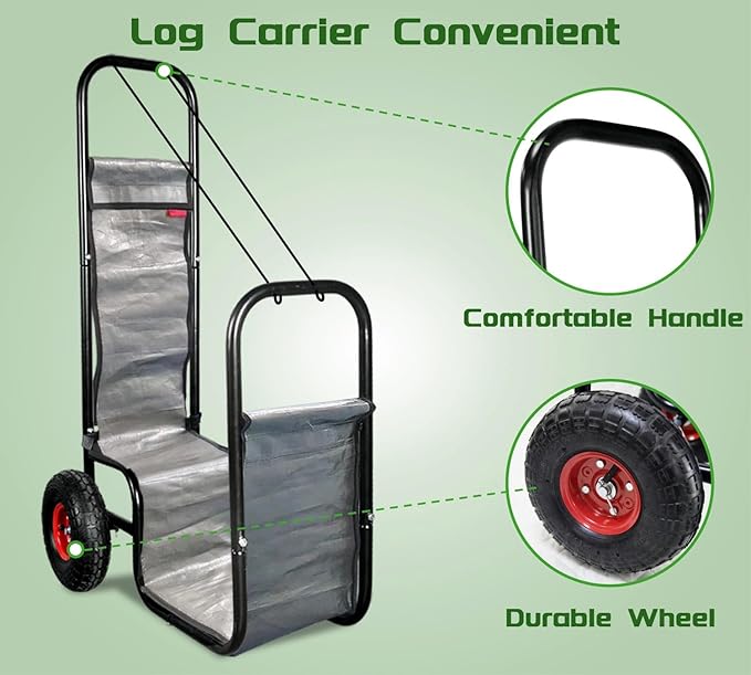 Firewood Cart: 44 X 27 X 20 in Heavy Duty 220 lbs Load Pneumatic Tires for Garden Backyard Fireplace Men Women Use