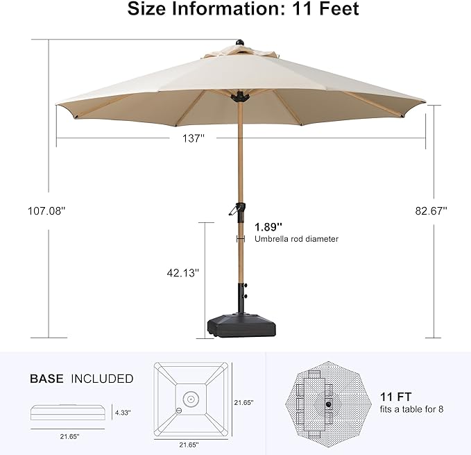 PURPLE LEAF 11 Feet Patio Umbrella with Base Outdoor Umbrella Round Market Umbrella with Crank & 8 Ribs Commercial Aluminum Table Umbrella for Outdoor Garden, Beige