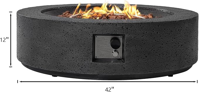 SUNBURY Outdoor Travertine Fire Pit Table, 42 inches Round Propane Gas Patio Fire Pit 50,000 BTU Concrete, Circular Base Firepit with Lava Rocks, Waterproof Cover (Grey)