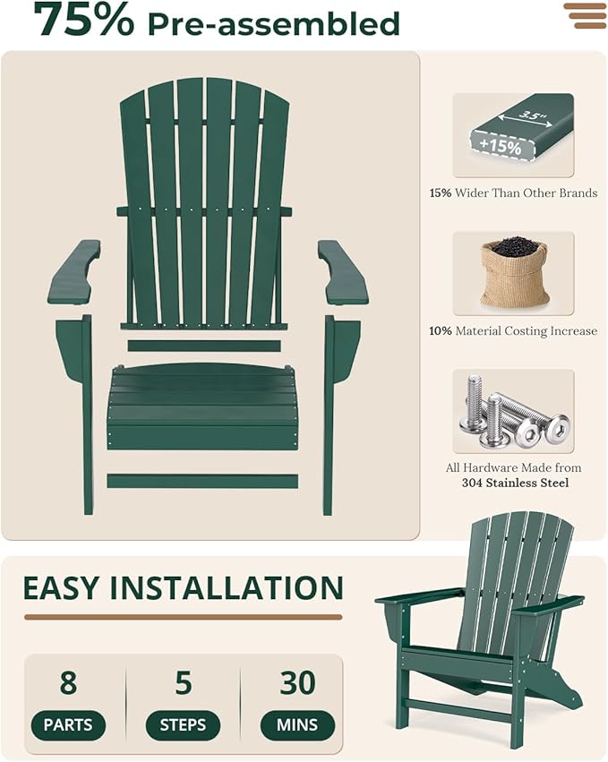 BRIOPAWS Adirondack-Chair | Fire Pit Chair | Oversized | HDPE Plastic | Weather Resistant | for Deck Outdoor Poolside Campfire | Forest