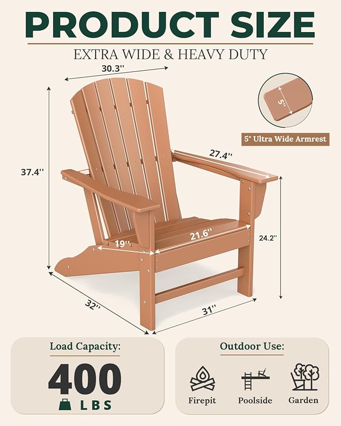 BRIOPAWS Adirondack-Chairs-Set of 4 | Fire Pit Chair | Oversized | HDPE Plastic | Weather Resistant | for Deck Outdoor Poolside Campfire | Teak