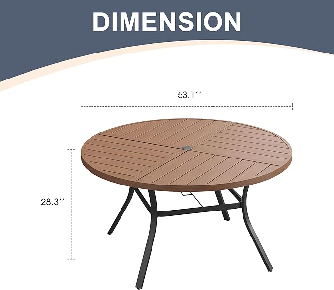 VICLLAX Round Patio Dining Table, 6-8 Person Metal Outdoor Dining Table with Umbrella Hole and Storage Shelf for Garden Lawn Deck, 53" Walnut