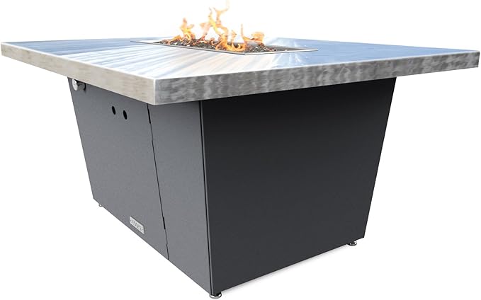 COOKE Palisades Rectangular Fire Pit Table - 44x36 - Chat Height - Propane - Brushed Aluminum Top with 3cm Edge - Grey Texture Powdercoat Base