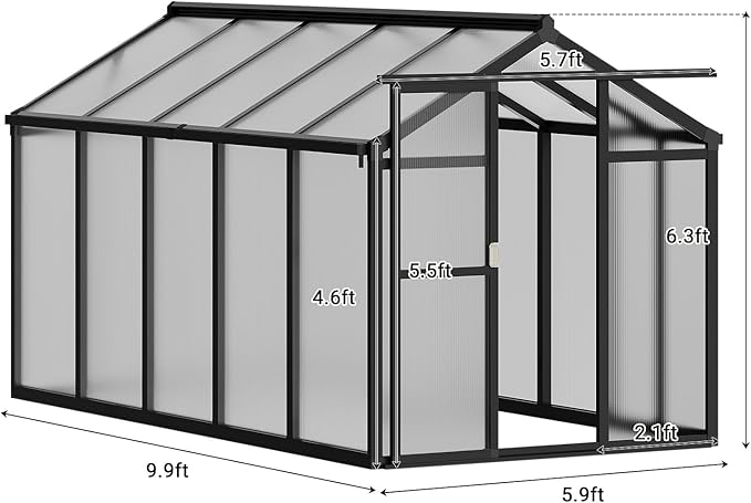 6x10 FT Greenhouse, Polycarbonate Walk-in Greenhouse for Outdoors with Roof Vent & Lockable Smooth-Gliding Sliding Door, Heavy-Duty Aluminum Green House for Garden, Backyard, Patio, Lawn, Dark Grey