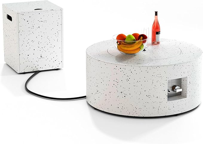 30" Round Propane Fire Pit Table - 50K BTU with Lid, Rocks Tank Storage and Cover - Round Gas Fire Pits for Outside Patio - Outdoor Table with Firepit (White, 30" Round)