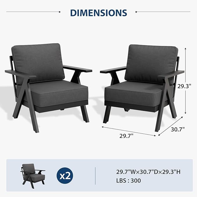 Urban Anvil 2 Pieces Patio Furniture Outdoor Metal Armchairs, All-Weather Patio Accent Chairs with Cushions for Balcony, Porch, Deck, Black/Gray