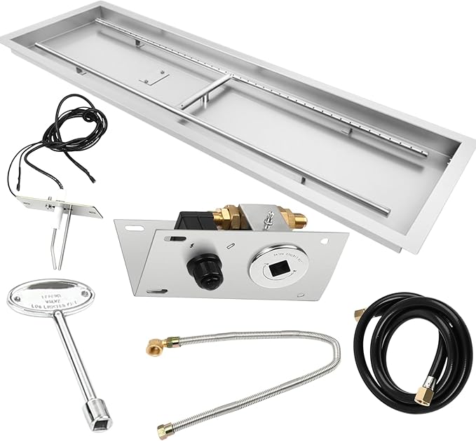 FAHKNS 48" x 14" Rectangular Fire Pit Pan Kit, for Indoor or Outdoor Large Built-in Fire Table. Stainless Steel Drop-in Fire Pit Pan with H-Shaped Burner, Spark Ignition Kit
