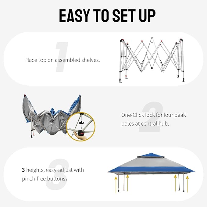 CROWN SHADES 13x13 Pop Up Gazebo, Canopy Tent, Gazebos on Clearance - Outdoor Gazebo for Backyard & Patio Furniture - Carpa Pop Up Tent with Wheeled STO-N-Go Cover Bag (Blue & Grey)