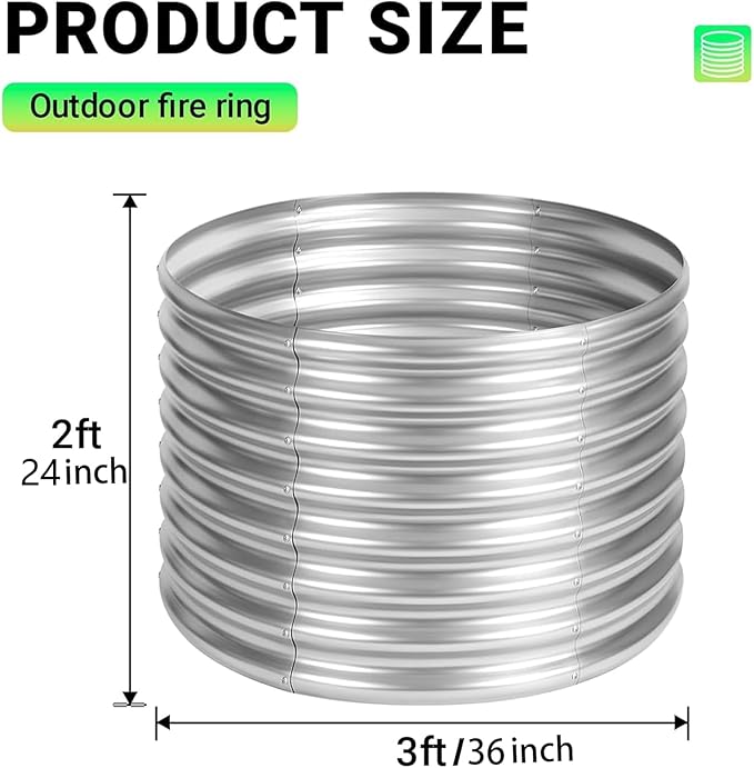 36 inch Fire Pit Ring, Galvanized Fire Ring 2ft high, Wood Burning Fire Pits Ring, Outdoor Fireplace Height 24 Inch, Round Camp Fire Ring, Bonfire Pit for Camping, Backyard (3x3x2FT)