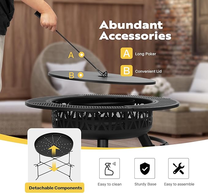 VIVOHOME 35 Inch Fire Pit with Cooking Grill Grate & Charcoal Pan, 3-in-1 Wood Burning Firepits with Cover Lid, Metal Table for Backyard Bonfire BBQ Outdoor Camping Picnic