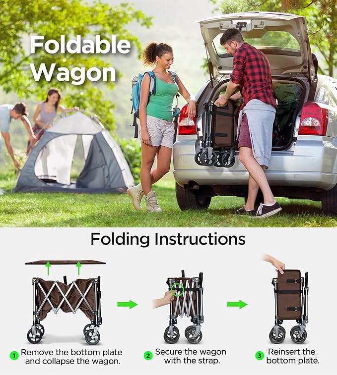 Collapsible Folding Wagon Cart with Large Wheels & 150L Capacity | Heavy-Duty Foldable Utility Wagon for Groceries, Camping, Beach, Sports & Garden Use | Compact Storage, No-Tool Setup-Khaki