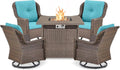 Outdoor Patio Swivel Gliders with Fire Pit Table 5 Piece Set - High Back Brown Wicker Rattan Rocking Chair with Thick Cushion for Porch Apartment Deck Yard Poolside Garden - Turqoise