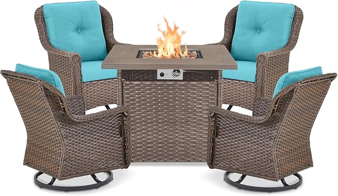 Outdoor Patio Swivel Gliders with Fire Pit Table 5 Piece Set - High Back Brown Wicker Rattan Rocking Chair with Thick Cushion for Porch Apartment Deck Yard Poolside Garden - Turqoise