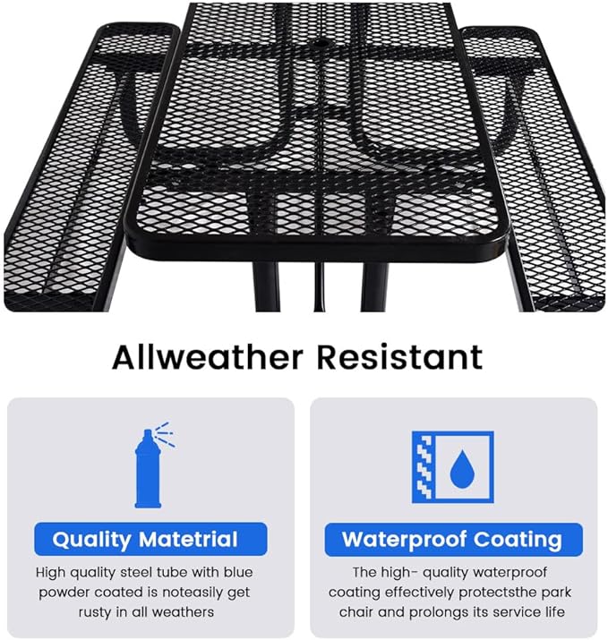 KUFUH 72" Rectangular Metal Picnic Table for 4-8 Person, Durable Heavy Duty Commercial Picnic Table with Umbrella Hole for Outdoor Coffee Shop, School, Hospital, Easy to Install, Black