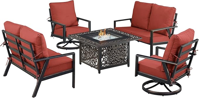 Oakland Living Black Aluminum Patio Fire Table Set with Two Deep Seating Loveseat with Cushions and Two Club Chairs with Red Cushions