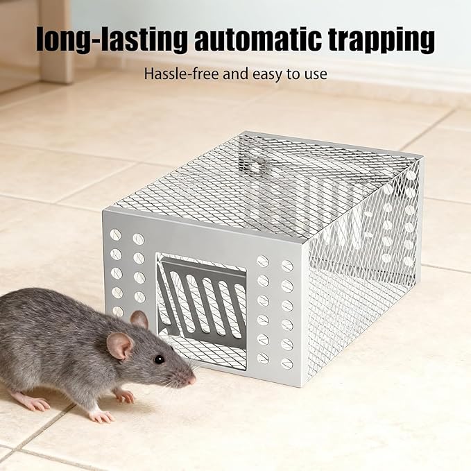 2026 Upgraded Stainless Steel Automatic Mouse Trap, Easy Setup for Indoor and Outdoor Use, Humane No-Kill Live Trap with One-Way Door, Catch & Release for Mice and Rodents (1)