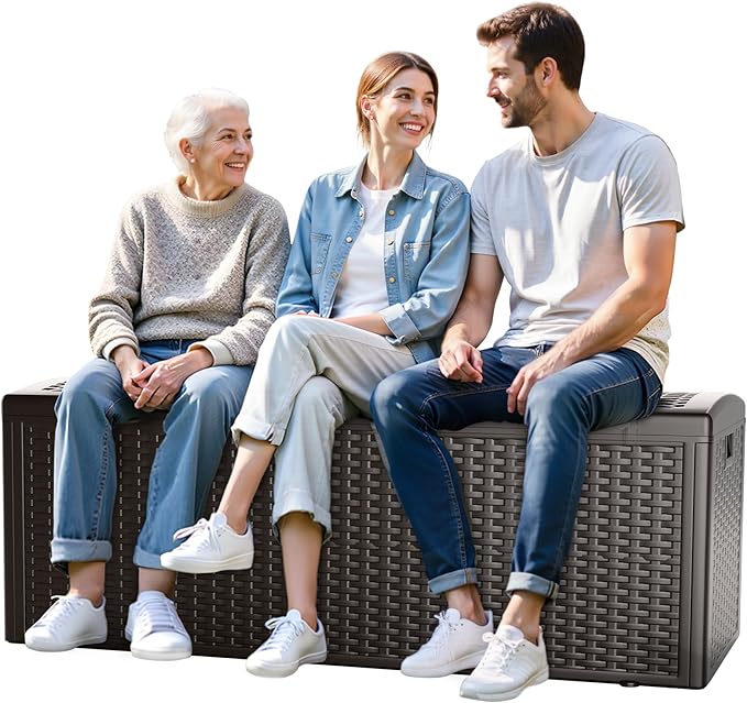 150 Gallon Deck Box, Double Layer Waterproof Resin Outdoor Indoor Storage Box, Lockable & UV Resistant Storage Bin for Patio Furniture, Garden Tools, Pool Accessories (Brown)