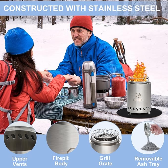 Nice C Fire Pits, 7.1 Inch Smokeless Fire Pits, Portable Fire Pit, Outdoor Fire Pit, Tabletop Fire Pit, Wood Buring Fireplaces, Stainless Steel, with Grill Grate, Removable Ash Tray & Carry Bag