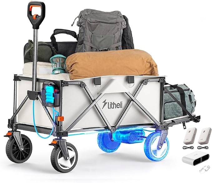 Litheli Electric Wagon Cart with 2 Batteries & Charger, All-Terrain Wheels & Variable Speed | 200L Capacity, 300 lbs Heavy-Duty Utility Wagon for Camping Beach Garden Shopping, SE-Beige