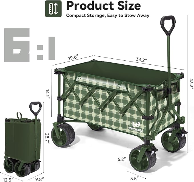 Whitsunday Collapsible Folding Wagon, Heavy Duty Utility Beach Wagons with All-Terrain Wheels for Camping,Garden,Sports Green