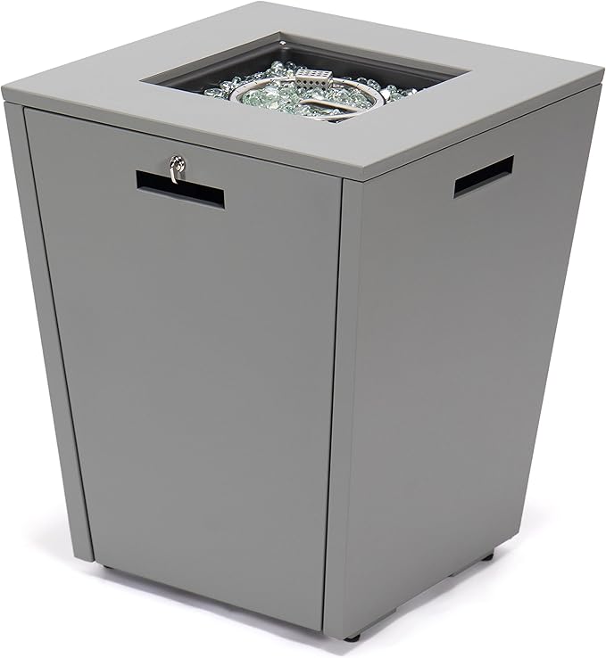 LeisureMod Chelsea 32" Modern Gas Fire Pit Table – 37,000 BTU CSA Certified Propane Steel Outdoor Table with Tempered Glass Wind Guard and Lid for Patio (Grey)