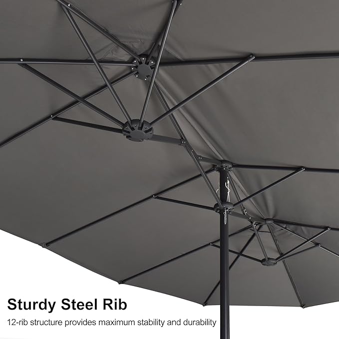 PURPLE LEAF 15ft Patio Market Umbrella with Base Double-Sided Rectangle Outdoor Table Sun Umbrellas with Crank 12 Heavy Duty Sturdy Ribs for Pool Beach Deck Backyard Gray