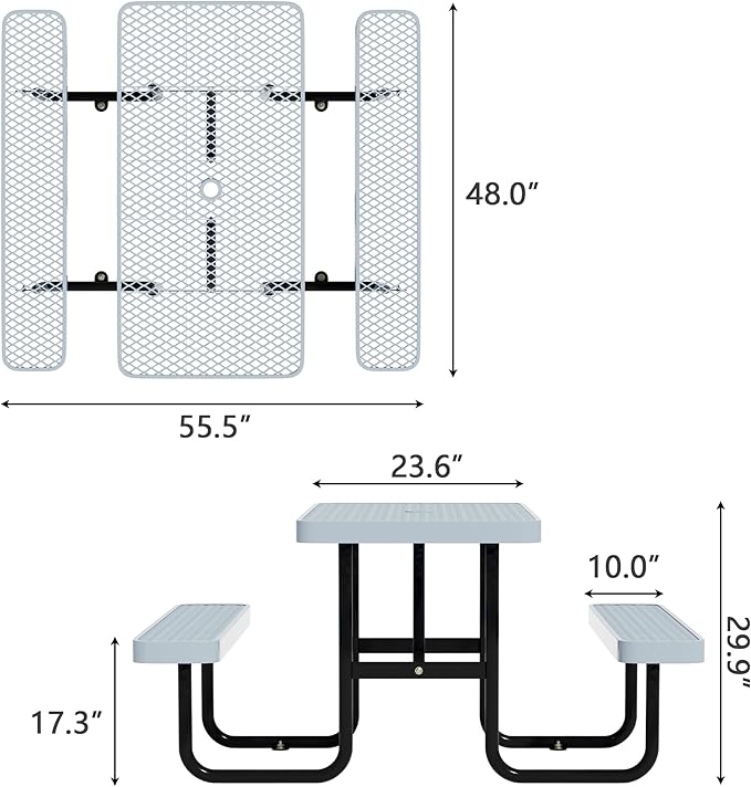 HIMcup 48'' Rectangular Steel Picnic Table for Outdoors,Commercial Metal Picnic Table Bench Set with Umbrella Hole,School Canteen Table W/Seats - Heavy Duty Sturdy Picnic Tables for Patio Garden