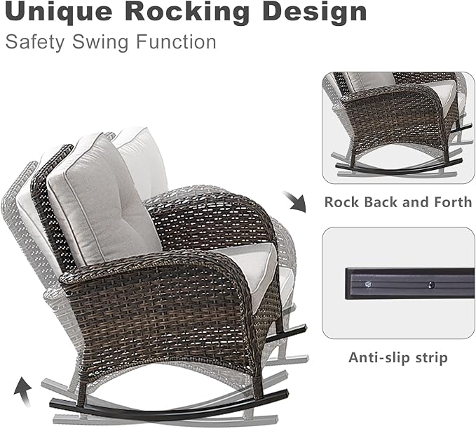 HUMMUH 7-Piece Outdoor Patio Furniture with Fire Pit Set,Wicker Patio Sofa Set Outdoor Rocking Chairs with Ottomans for Backyard,Poolside,Deck