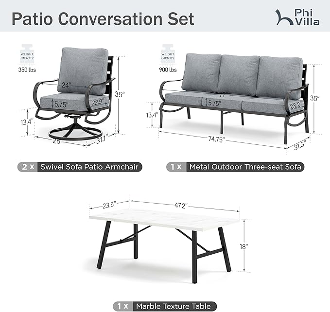 PHI VILLA 4 Piece Patio Furniture Sets for 5 Person with 1 x 3-Seat Deep Seating Bench, 2 x Cushioned Swivel Sofa Chairs & 1 x Coffee Table, Outdoor Metal Conversation Set for Lawn Garden,Grey