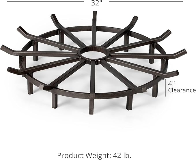 Ash & Ember 28" Wagon Wheel Fire Grate, High-Efficiency Smoke-Free Fireplace Log Grate, Decorative Wood Burning Lifted Grate Pit, Sandblasted Steel with Light Oil Coating