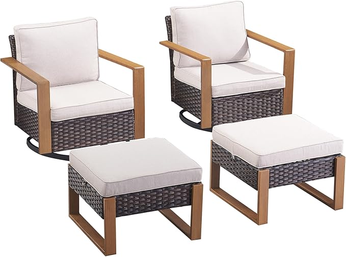 Rilyson Outdoor Wicker Patio Furniture Set - 4 Piece Patio Conversation Set with 2 Wicker Swivel Rocker Chairs,2 Rattan Ottoman, Thick Cushions, Deep Seating, Wide Armrest(Brown/Beige)