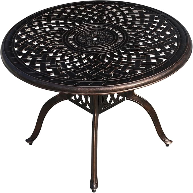 FAPOLITE Outdoor Table Cast Aluminum Round Patio Table with Umbrella Hole All Weather Outdoor Dining Tables for Lawn Garden Backyard (106cm Woven Round Table)
