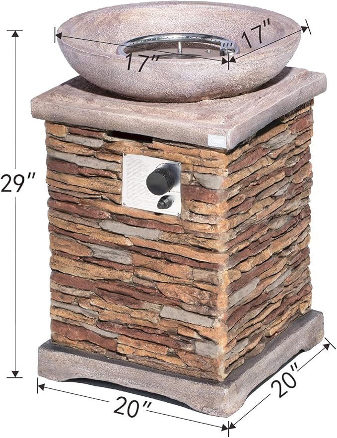COSIEST Outdoor Propane Fire Pit Table w Faux Brown Compact Ledge Stone 20" Square Base and Faux Rose-Marble Round Bowl, Certified, 40,000 BTU, Free Lava Rocks, Fits 20lb Tank Inside, Raincover