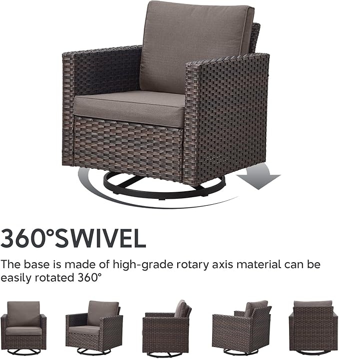 6 Piece Wicker Patio Furniture Set - Outdoor Swivel Rocker Chairs Set with Coffee Table, 3 Seat Sofa & Ottomans, Small Patio Conversation Sets Proch Furniture for Balcony Deck - Brown/Grey